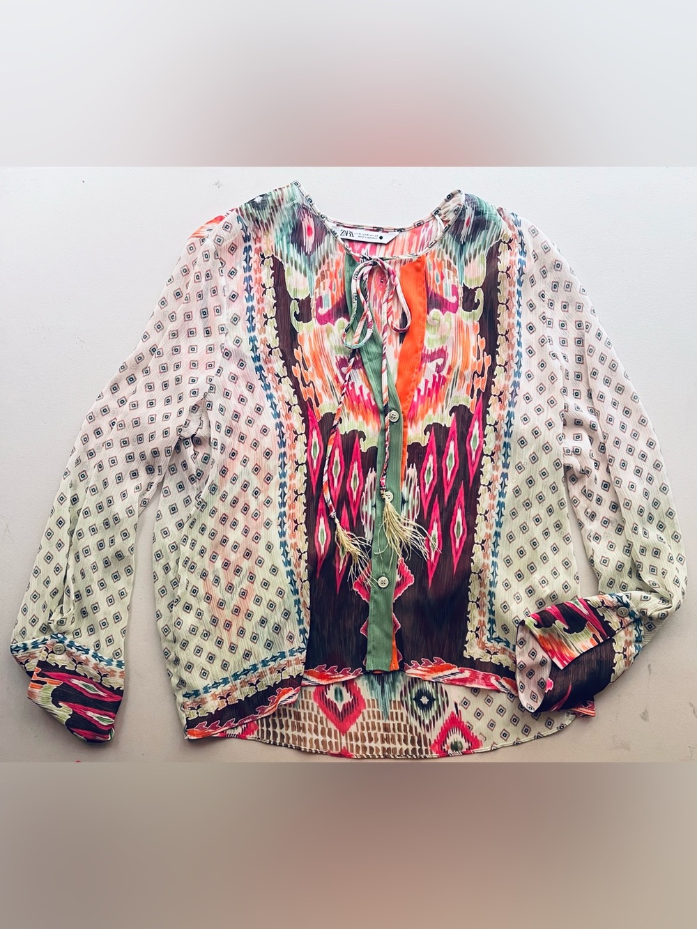 Zara Multicolor Paisley Tie-Neck Boho Blouse